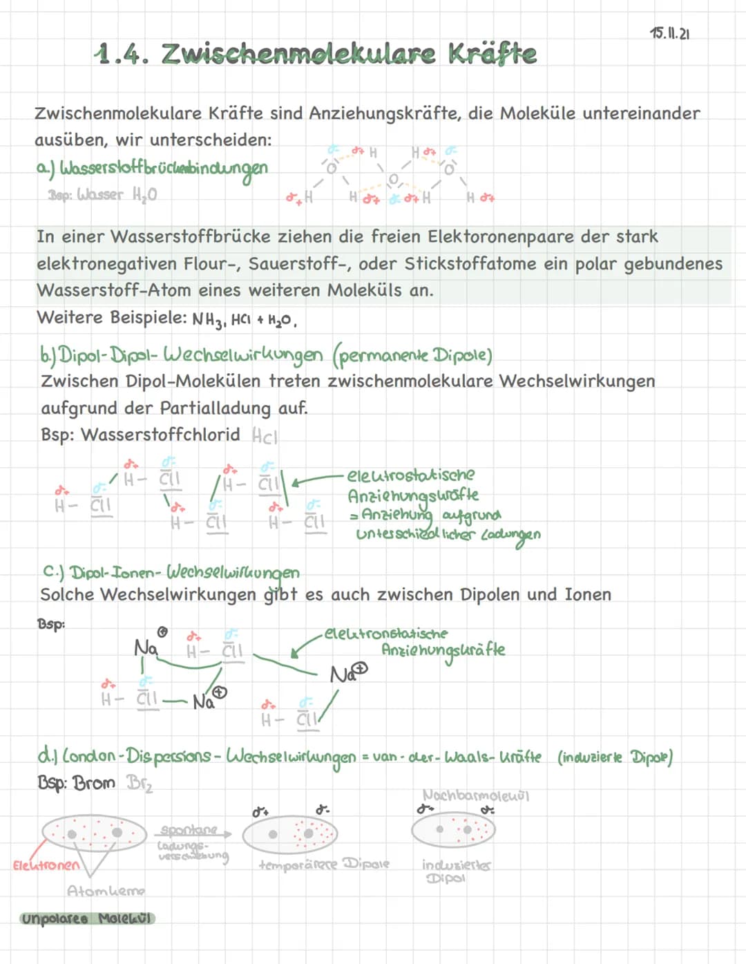1.4. Zwischenmolekulare Kräfte
Zwischenmolekulare Kräfte sind Anziehungskräfte, die Moleküle untereinander
ausüben, wir unterscheiden:
a.) W
