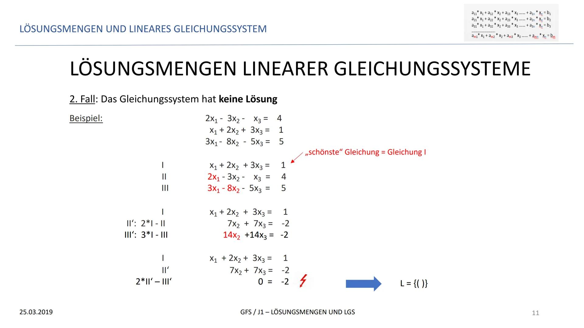 LÖSUNGSMENGEN UND LINEARES GLEICHUNGSSYSTEM
GFS
LÖSUNGSMENGEN UND LINEARES GLEICHUNGSSYSTEM
25.03.2019
*
a11 X₁ + a12X₂ + a13 * X3
*
a21 X₁ 