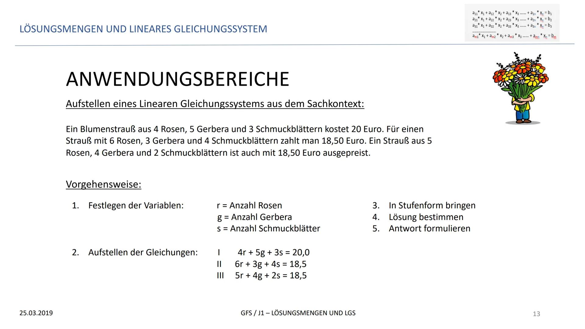 LÖSUNGSMENGEN UND LINEARES GLEICHUNGSSYSTEM
GFS
LÖSUNGSMENGEN UND LINEARES GLEICHUNGSSYSTEM
25.03.2019
*
a11 X₁ + a12X₂ + a13 * X3
*
a21 X₁ 