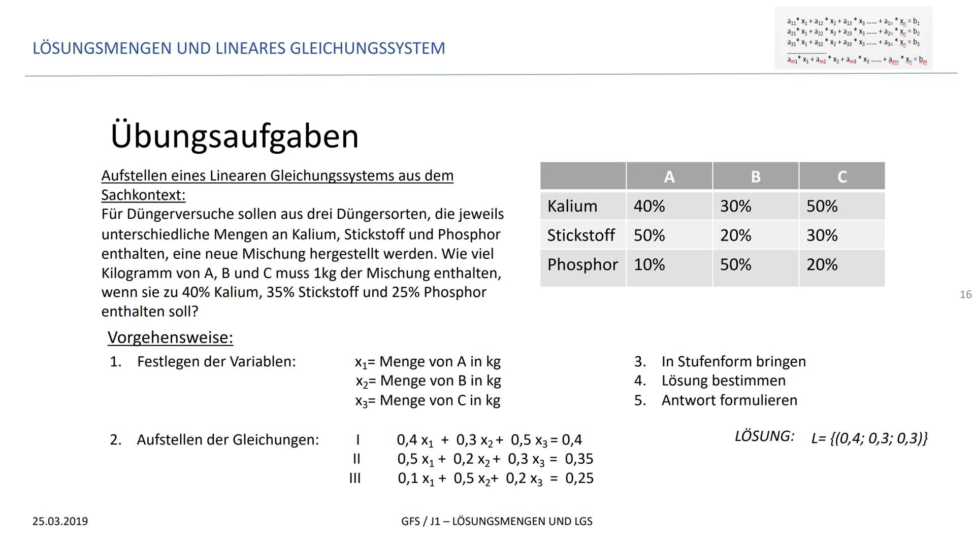 LÖSUNGSMENGEN UND LINEARES GLEICHUNGSSYSTEM
GFS
LÖSUNGSMENGEN UND LINEARES GLEICHUNGSSYSTEM
25.03.2019
*
a11 X₁ + a12X₂ + a13 * X3
*
a21 X₁ 