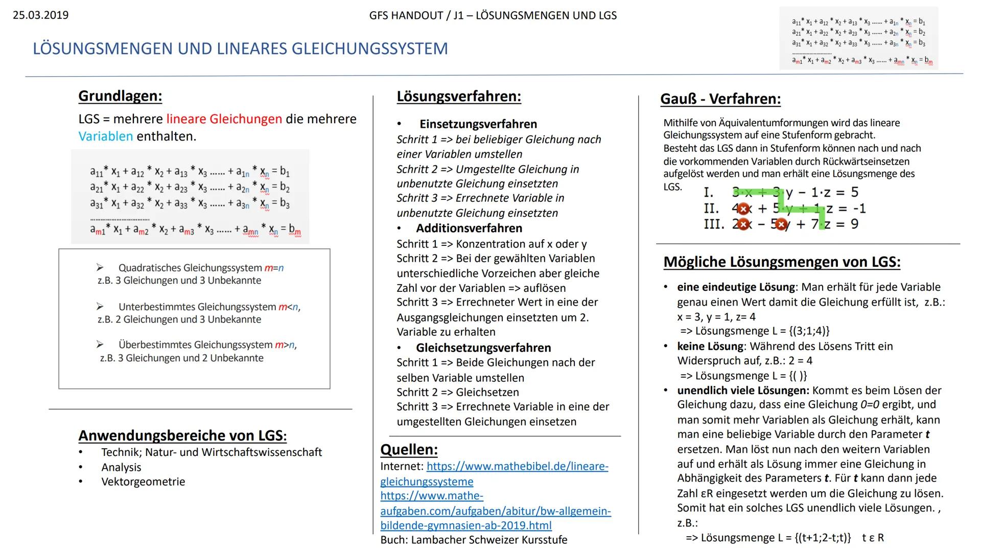 LÖSUNGSMENGEN UND LINEARES GLEICHUNGSSYSTEM
GFS
LÖSUNGSMENGEN UND LINEARES GLEICHUNGSSYSTEM
25.03.2019
*
a11 X₁ + a12X₂ + a13 * X3
*
a21 X₁ 