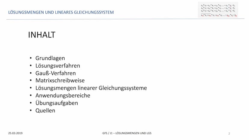 LÖSUNGSMENGEN UND LINEARES GLEICHUNGSSYSTEM
GFS
LÖSUNGSMENGEN UND LINEARES GLEICHUNGSSYSTEM
25.03.2019
*
a11 X₁ + a12X₂ + a13 * X3
*
a21 X₁ 