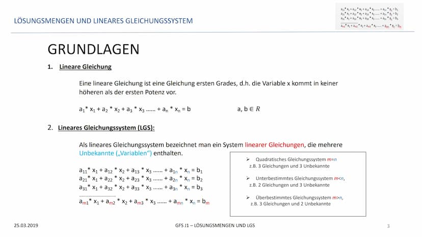 LÖSUNGSMENGEN UND LINEARES GLEICHUNGSSYSTEM
GFS
LÖSUNGSMENGEN UND LINEARES GLEICHUNGSSYSTEM
25.03.2019
*
a11 X₁ + a12X₂ + a13 * X3
*
a21 X₁ 