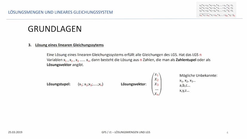 LÖSUNGSMENGEN UND LINEARES GLEICHUNGSSYSTEM
GFS
LÖSUNGSMENGEN UND LINEARES GLEICHUNGSSYSTEM
25.03.2019
*
a11 X₁ + a12X₂ + a13 * X3
*
a21 X₁ 