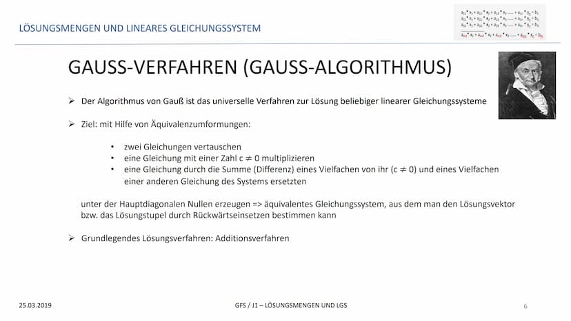LÖSUNGSMENGEN UND LINEARES GLEICHUNGSSYSTEM
GFS
LÖSUNGSMENGEN UND LINEARES GLEICHUNGSSYSTEM
25.03.2019
*
a11 X₁ + a12X₂ + a13 * X3
*
a21 X₁ 
