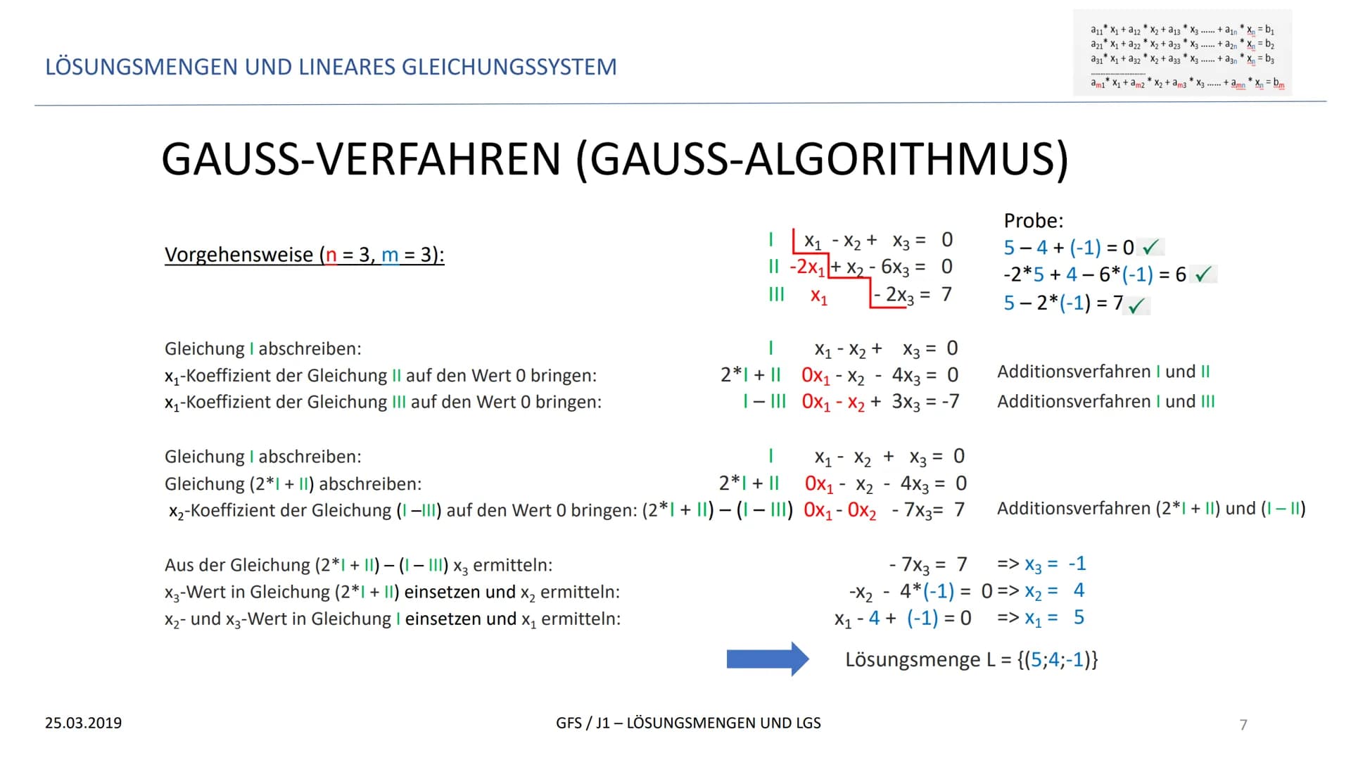 LÖSUNGSMENGEN UND LINEARES GLEICHUNGSSYSTEM
GFS
LÖSUNGSMENGEN UND LINEARES GLEICHUNGSSYSTEM
25.03.2019
*
a11 X₁ + a12X₂ + a13 * X3
*
a21 X₁ 