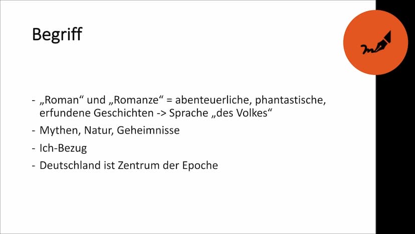 Literaturepoche
Romantik
||||
Fach: Deutsch
Klasse: 10 GLIEDERUNG
X
! Begriff
,,Roman" und ,,Romanze“ = abenteuerliche, phantastische,
erfun