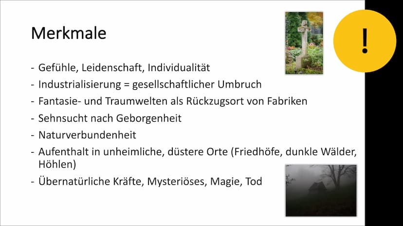 Literaturepoche
Romantik
||||
Fach: Deutsch
Klasse: 10 GLIEDERUNG
X
! Begriff
,,Roman" und ,,Romanze“ = abenteuerliche, phantastische,
erfun