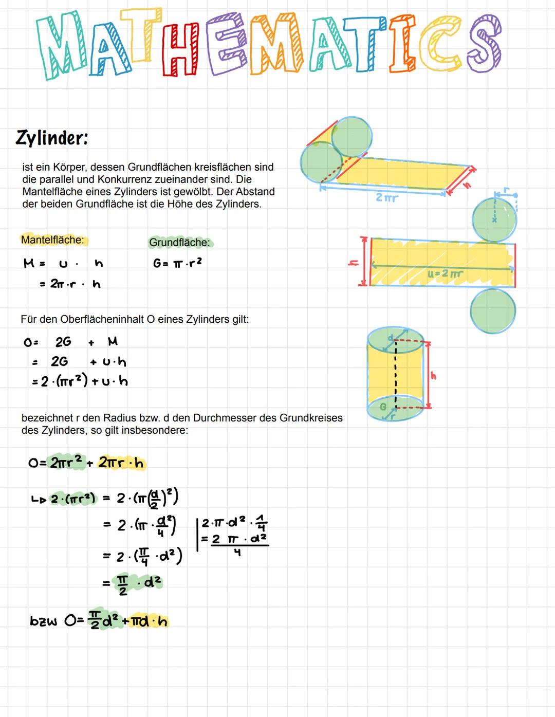 # MATHEMATICS

Zylinder:

ist ein Körper, dessen Grundflächen kreisflächen sind
die parallel und Konkurrenz zueinander sind. Die
Mantelfläch