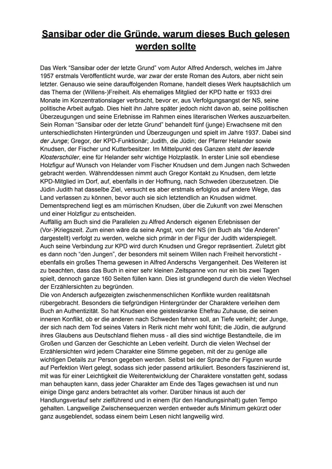 Sansibar oder die Gründe, warum dieses Buch gelesen
werden sollte
Das Werk "Sansibar oder der letzte Grund" vom Autor Alfred Andersch, welch