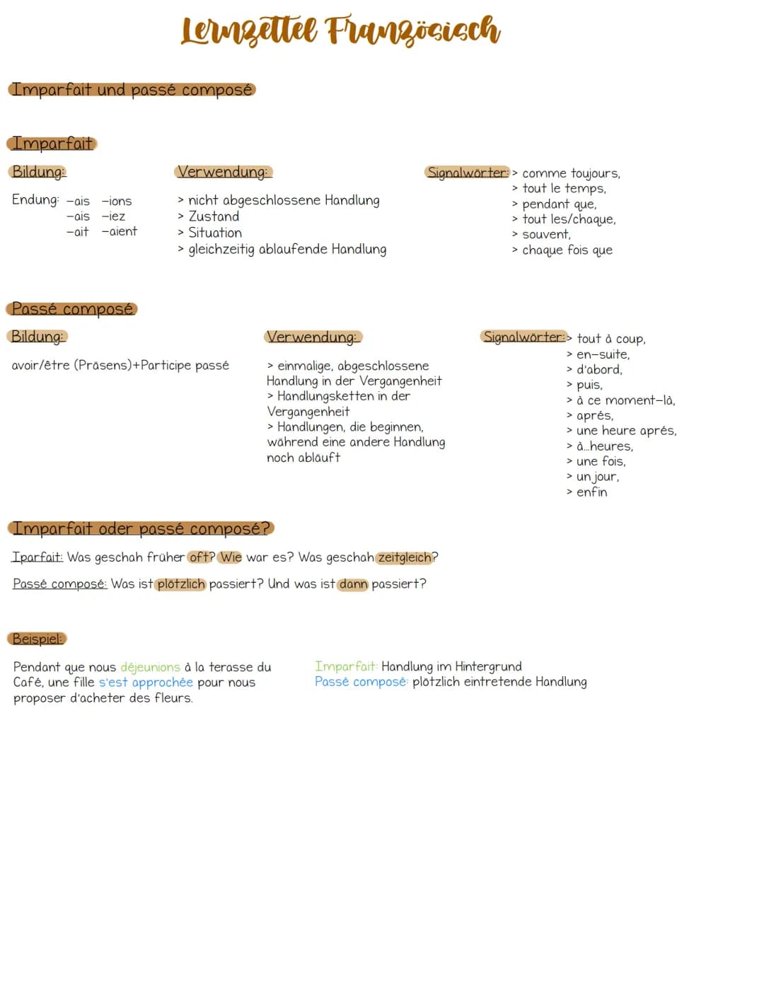 Lernzettel Französisch
Imparfait und passé composé
Imparfait
Bildung
Endung: -ais -ions
-ais -iez
-ait -aient
Verwendung:
> nicht abgeschlos