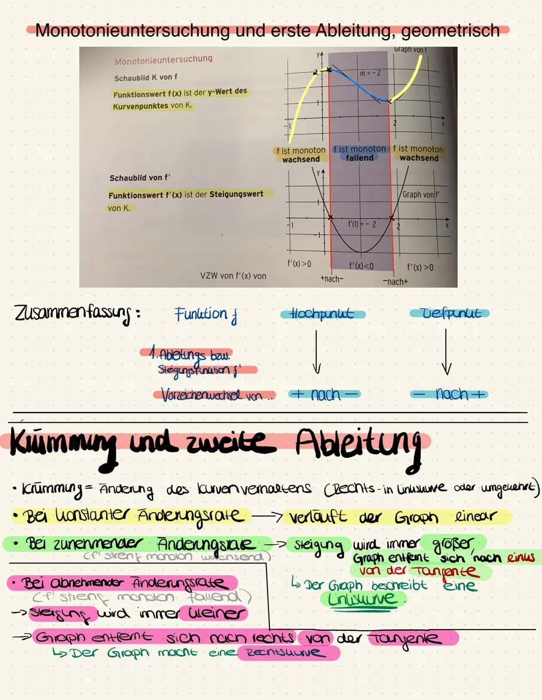 Monotonieuntersuchung und erste Ableitung, geometrisch
●
Monotonieuntersuchung
Schaubild K von f
●
Funktionswert f (x) ist der y-Wert des
Ku