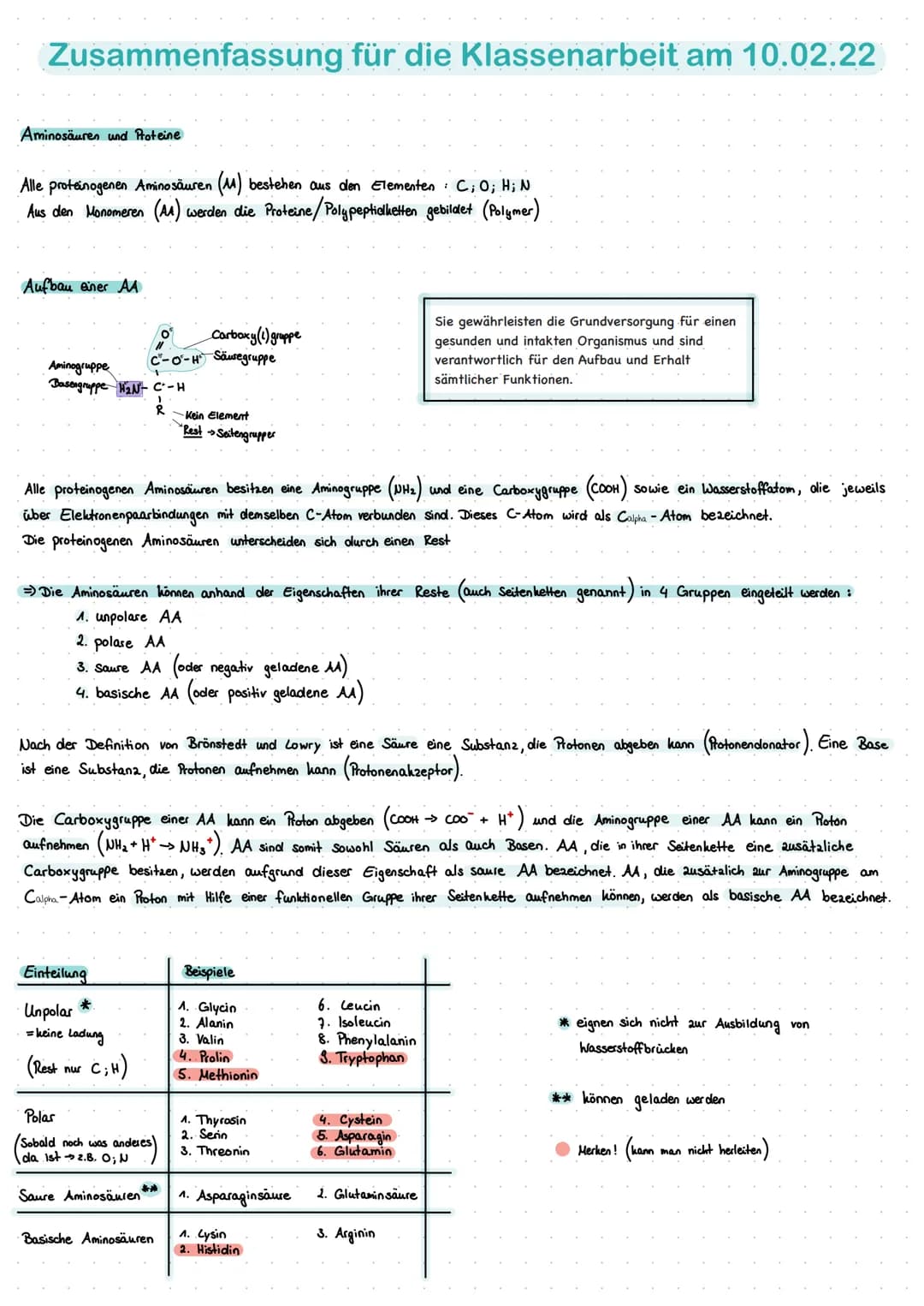 Zusammenfassung für die Klassenarbeit am 10.02.22
Aminosäuren und Proteine
Alle proteinogenen Aminosäuren (M) bestehen aus den Elementen C; 