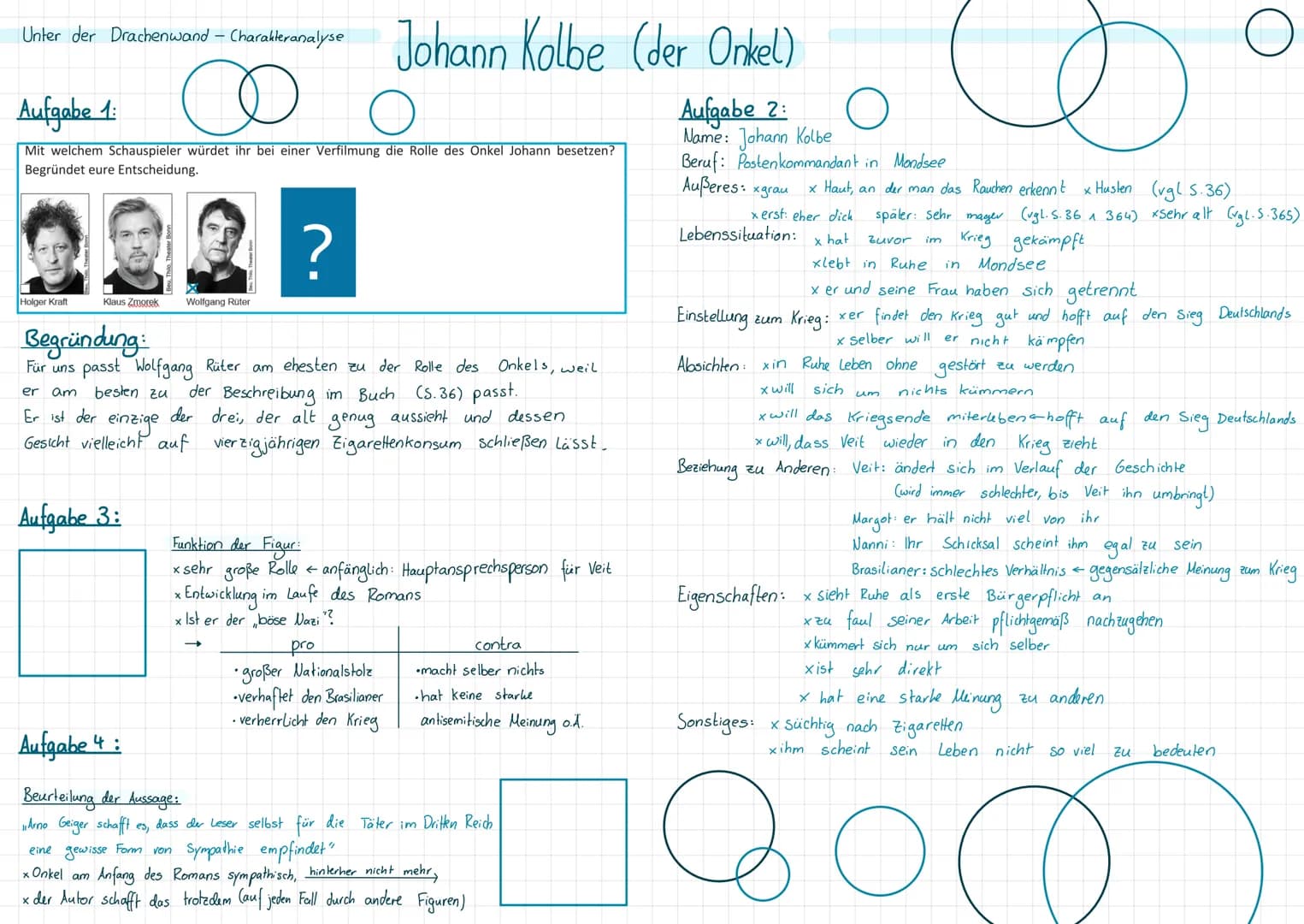 Unter der Drachenwand - Charakteranalyse Johann Kolbe (der Onkel)
∞
Aufgabe 1:
Mit welchem Schauspieler würdet ihr bei einer Verfilmung die 