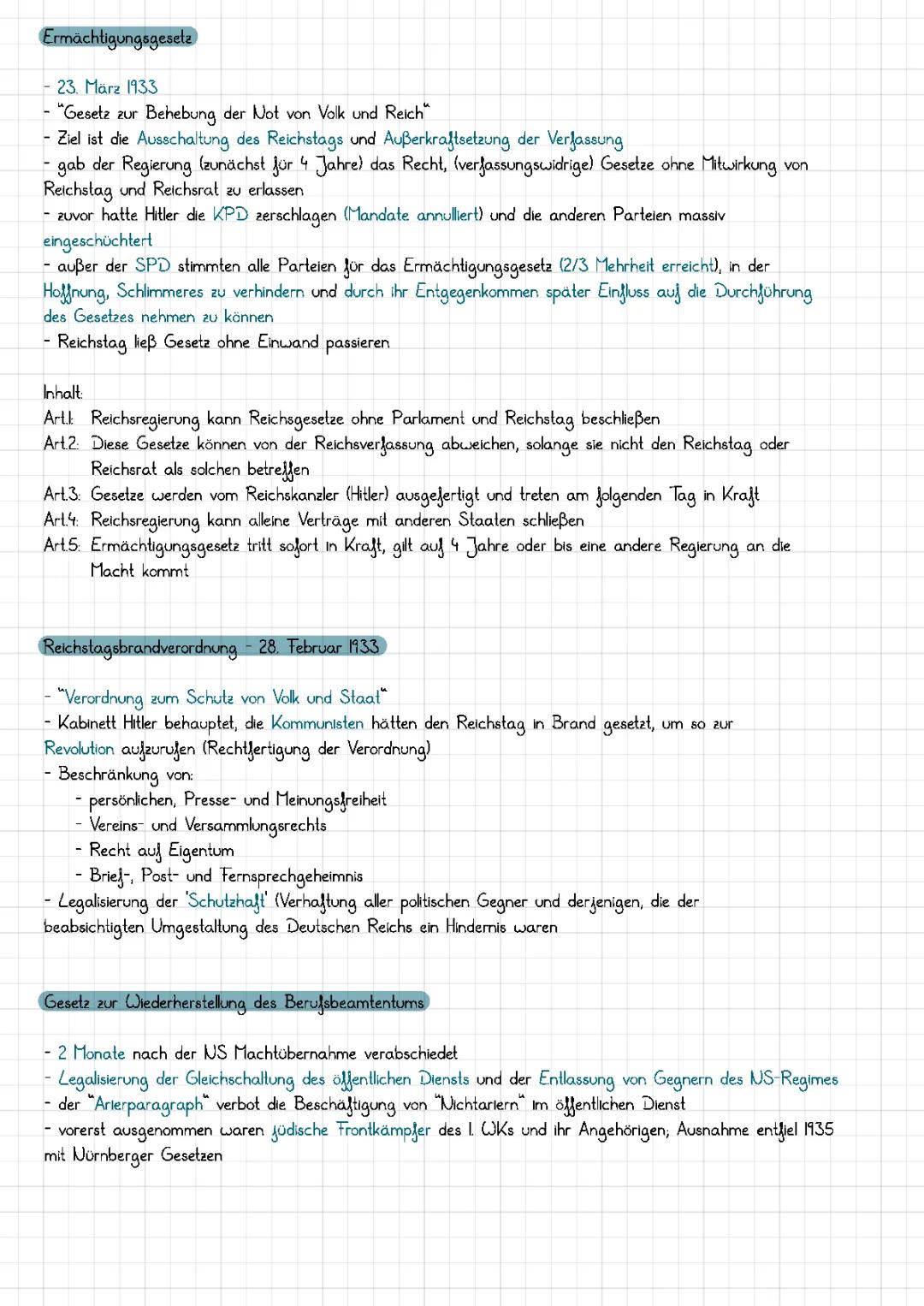 Ermächtigungsgesetz, Reichstagsbrandverordnung, Gesetz zur Wiederherstellung des Berufsbeamtentums