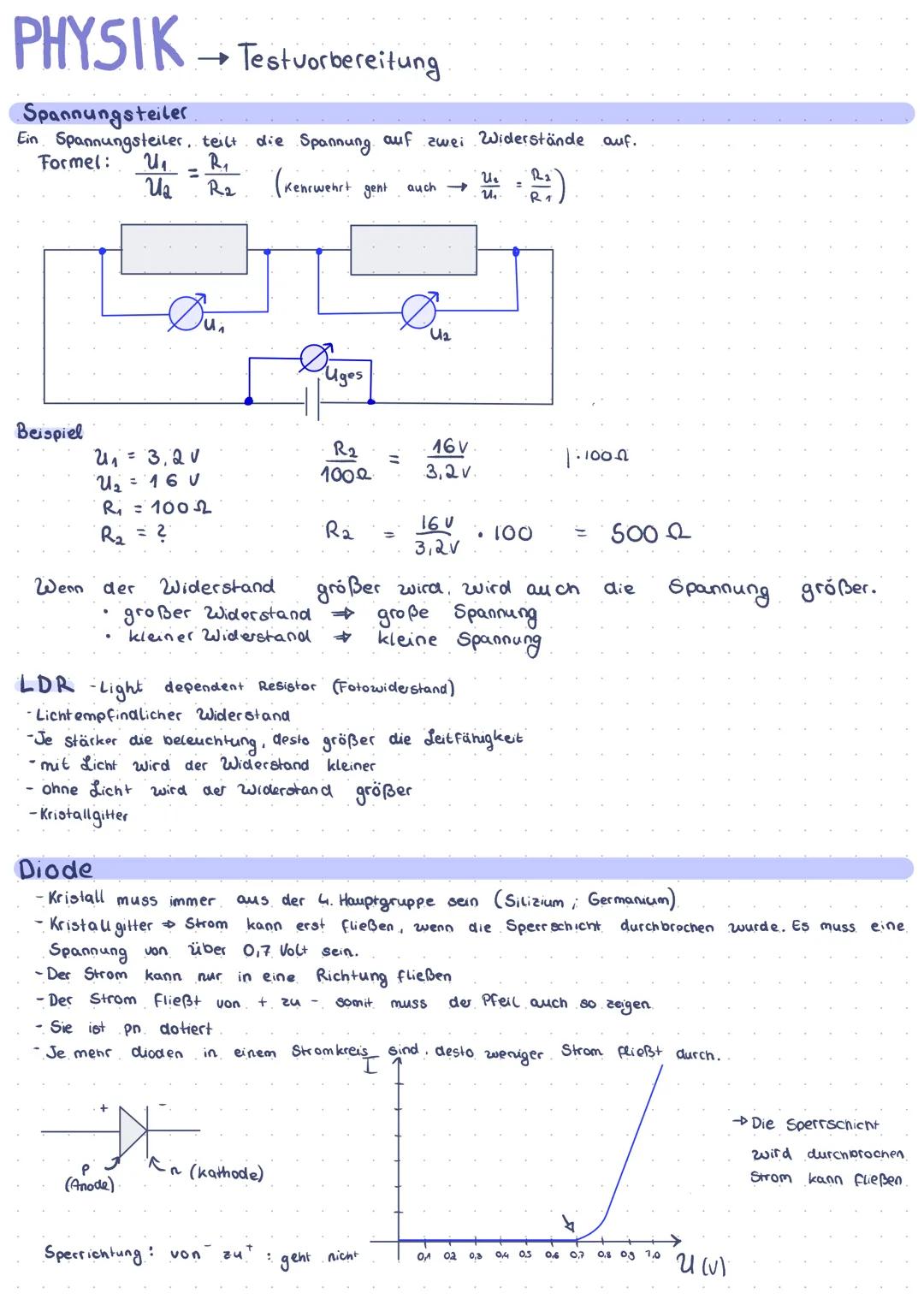 # PHYSIK → Testvorbereitung

## Spannungsteiler
Ein Spannungsteiler, teilt die Spannung auf zwei Widerstände auf.
Formel: $\frac{U_1}{U_2} =