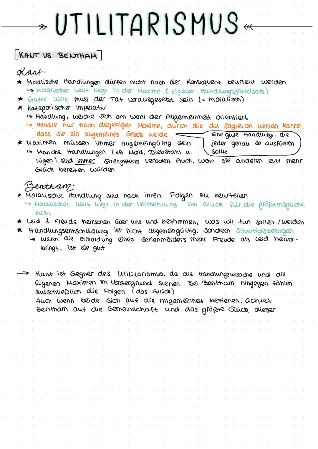 UTILITARISMUS
#k
[KANT US BENTHAM]
Kant.
* Moralische Handlungen dürfen nicht nach der Konsequenz beurteilt werden
→ Moralischer wert liegt 
