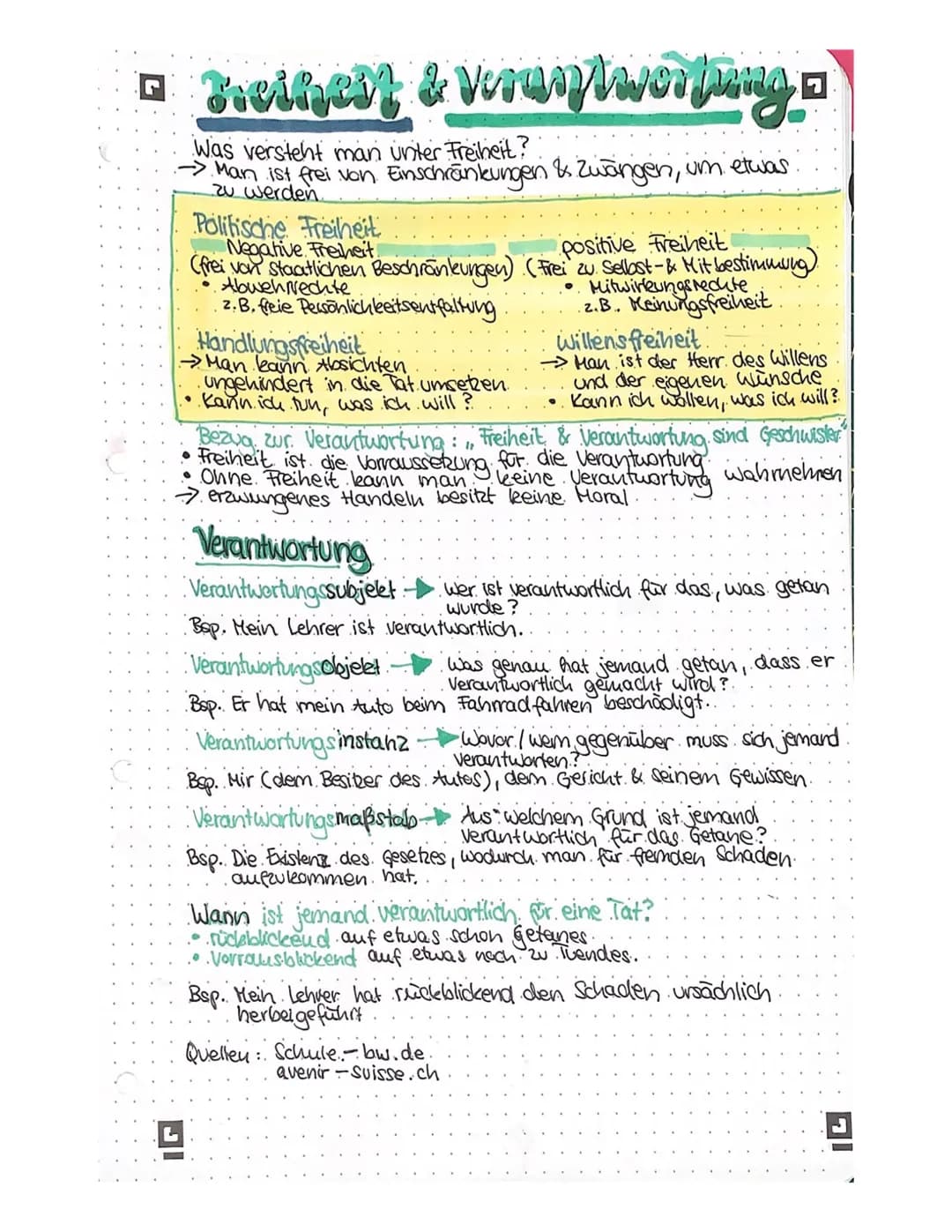 □ Freihest & Verantwortung =
Was versteht man unter Freiheit?
→ Man ist frei von Einschränkungen & Zwängen, um etwas
Politische Freiheit
Neg