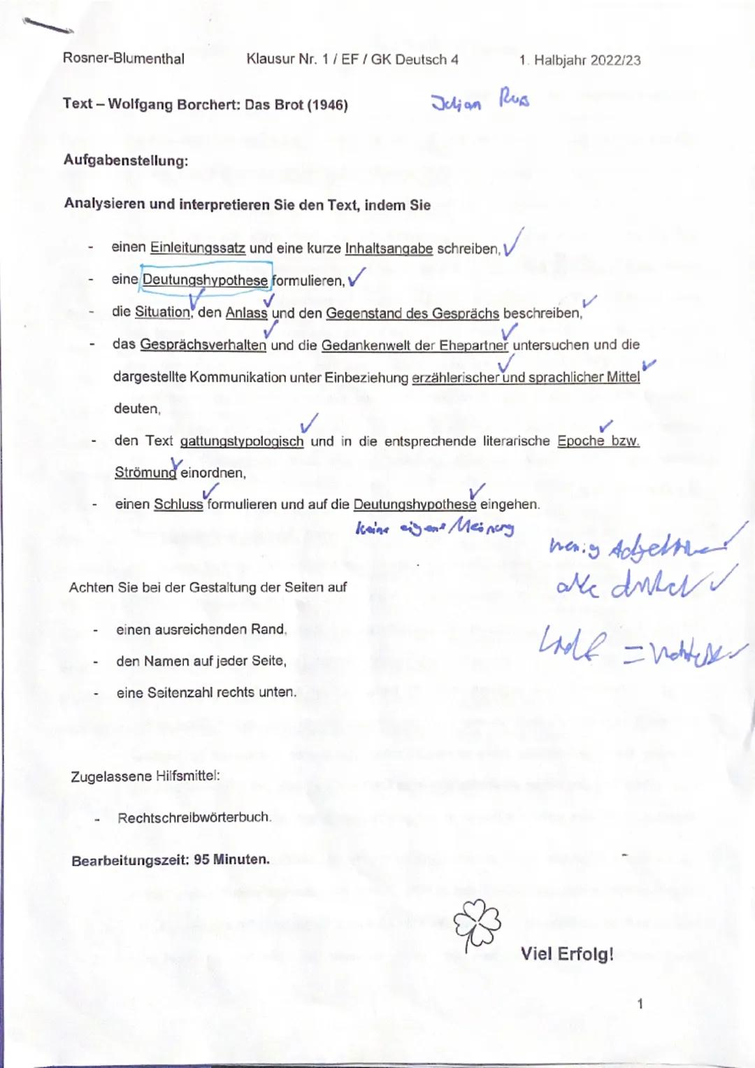 Rosner-Blumenthal
Text - Wolfgang Borchert: Das Brot (1946)
Aufgabenstellung:
Klausur Nr. 1/EF/GK Deutsch 4
Analysieren und interpretieren S