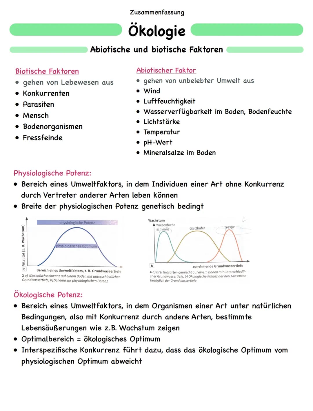 Zusammenfassung
Ökologie
Abiotische und biotische Faktoren
Biotische Faktoren
• gehen von Lebewesen aus
• Konkurrenten
• Parasiten
• Mensch
