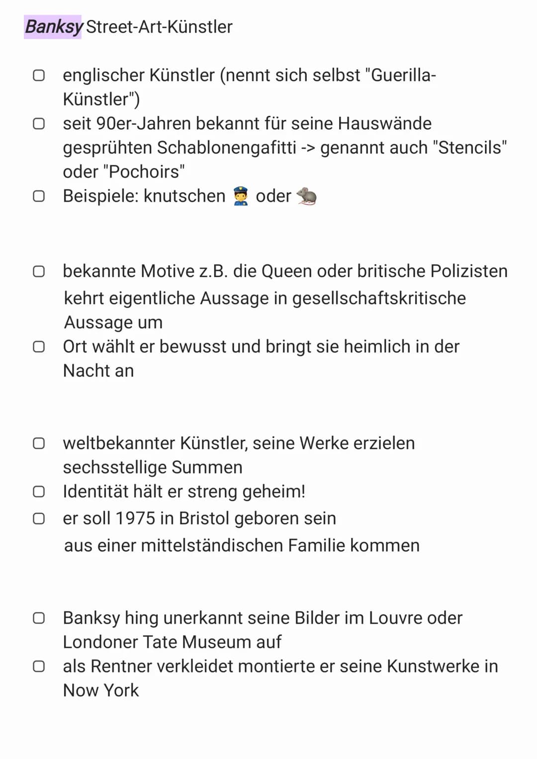 Banksy Street-Art-Künstler
O englischer Künstler (nennt sich selbst "Guerilla-
Künstler")
O seit 90er-Jahren bekannt für seine Hauswände
ges