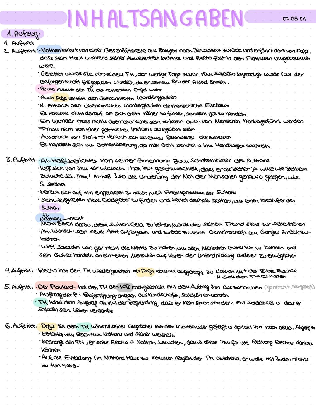 INHALTSANGABEN
1. Aufzug:
1. Auftritt
2. Auftritt: Nathan kehrt von einer Geschäftsreise aus Babylon nach Jerusalem zurück und erfährt dort 