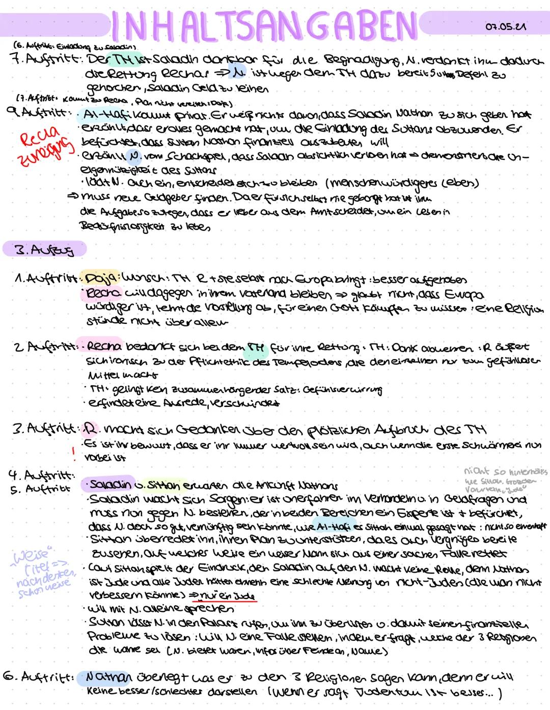 INHALTSANGABEN
1. Aufzug:
1. Auftritt
2. Auftritt: Nathan kehrt von einer Geschäftsreise aus Babylon nach Jerusalem zurück und erfährt dort 