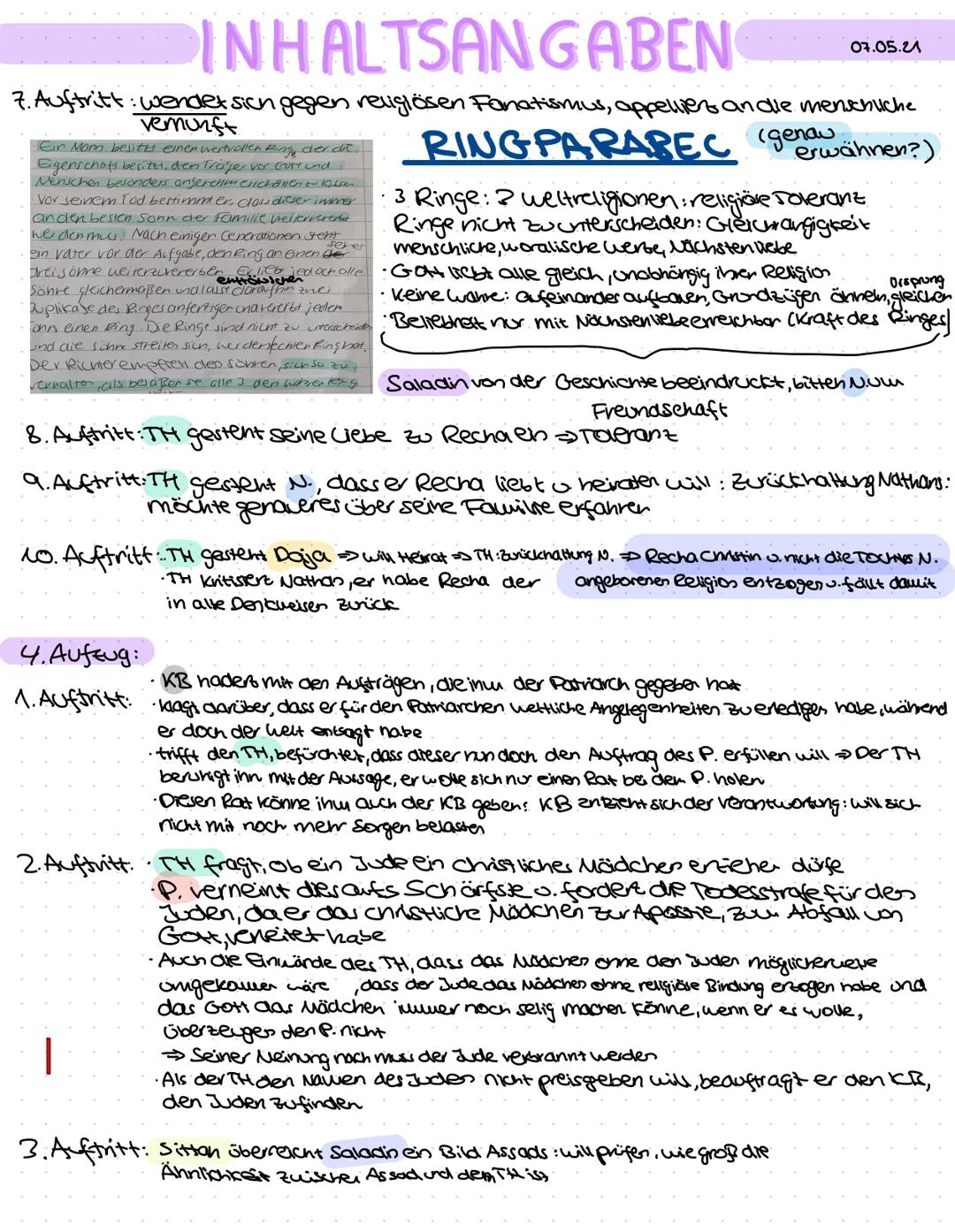 INHALTSANGABEN
1. Aufzug:
1. Auftritt
2. Auftritt: Nathan kehrt von einer Geschäftsreise aus Babylon nach Jerusalem zurück und erfährt dort 