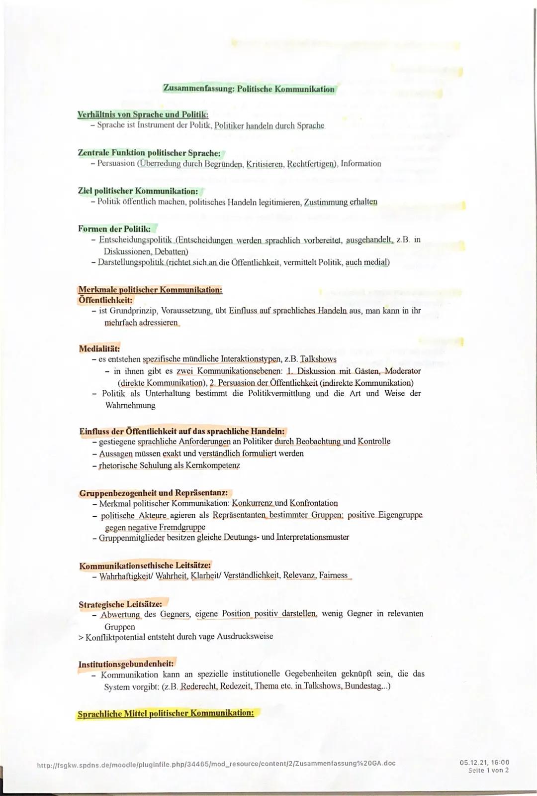 # Zusammenfassung: Politische Kommunikation

Verhältnis von Sprache und Politik:
- Sprache ist Instrument der Politk, Politiker handeln durc