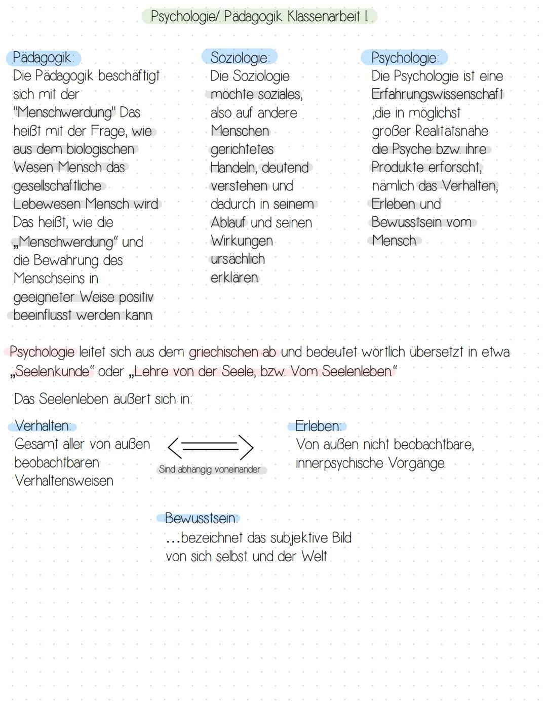  Pädagogik:
Die Pädagogik beschäftigt
sich mit der
Psychologie/ Pädagogik Klassenarbeit L
Soziologie:
Die Soziologie
möchte soziales,
also a