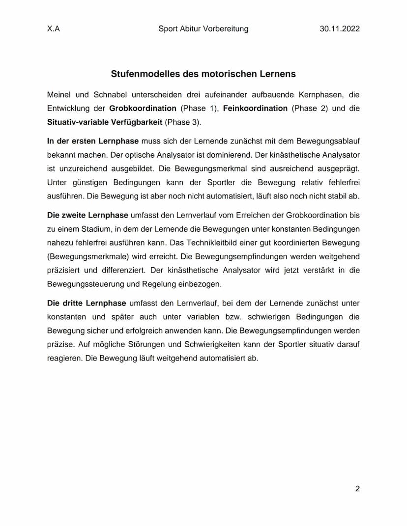 X.A
Sport Abitur Vorbereitung
Lernmodell
30.11.2022
Der Begriff des Lernens bezieht sich auf viele Bereich des menschlichen Handelns. Der
Le