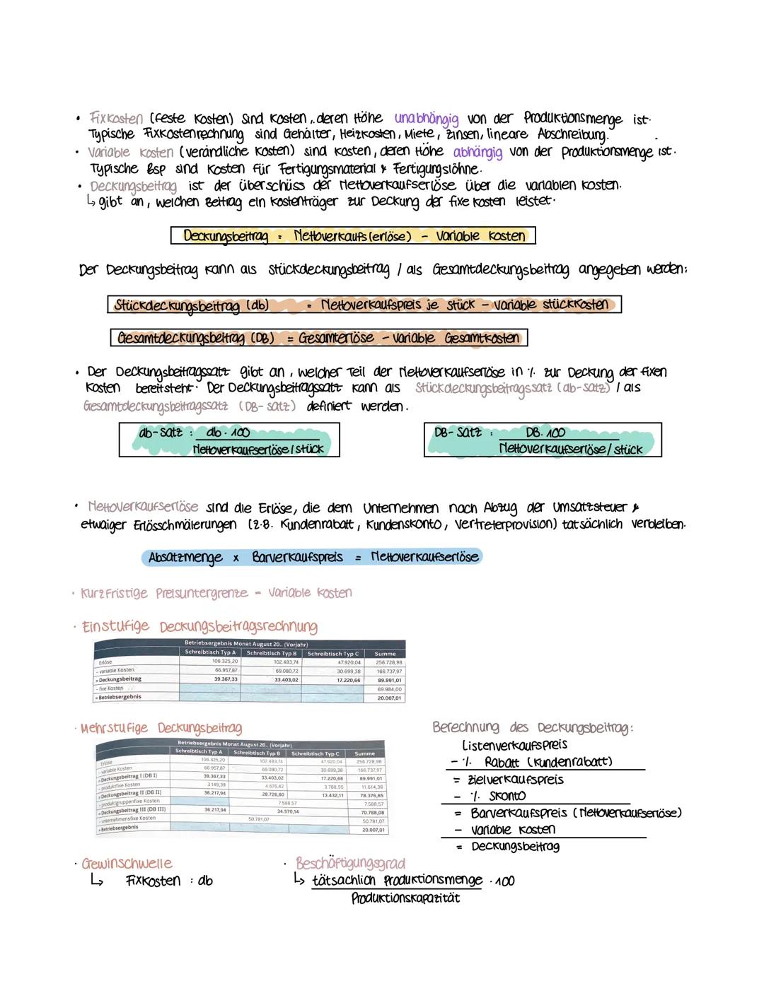 - Fixkosten (feste Kosten) sind kosten, deren Höhe unabhängig von der Produktionsmenge ist.
Typische Fixkostenrechnung sind Gehalter, Heizko