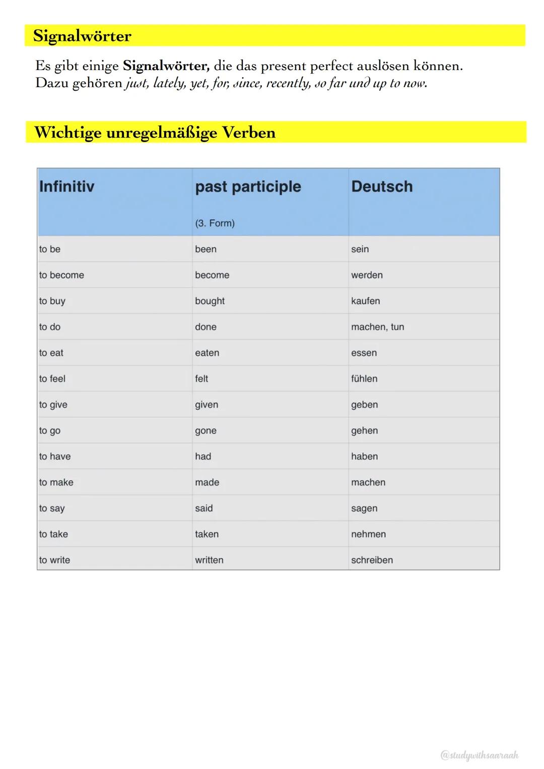 Definition
PRESENT PERFEKT
Das present perfect verwendet man für Handlungen, die in der
Vergangenheit begannen und bis in die Gegenwart anda