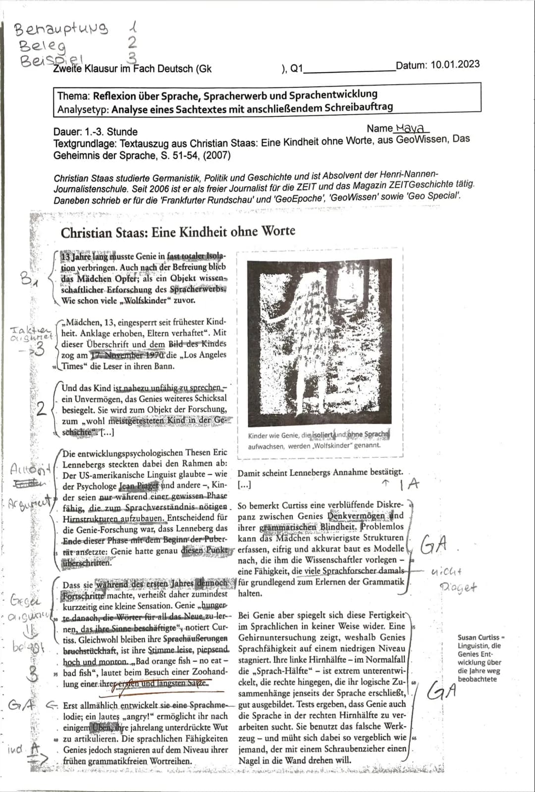Grundkurs Deutsch_
Erwartungshorizont zur 2. Klausur im Fach Deutsch
Thema: Reflexion über Sprache, Spracherwerb und Sprachentwicklung
a) in