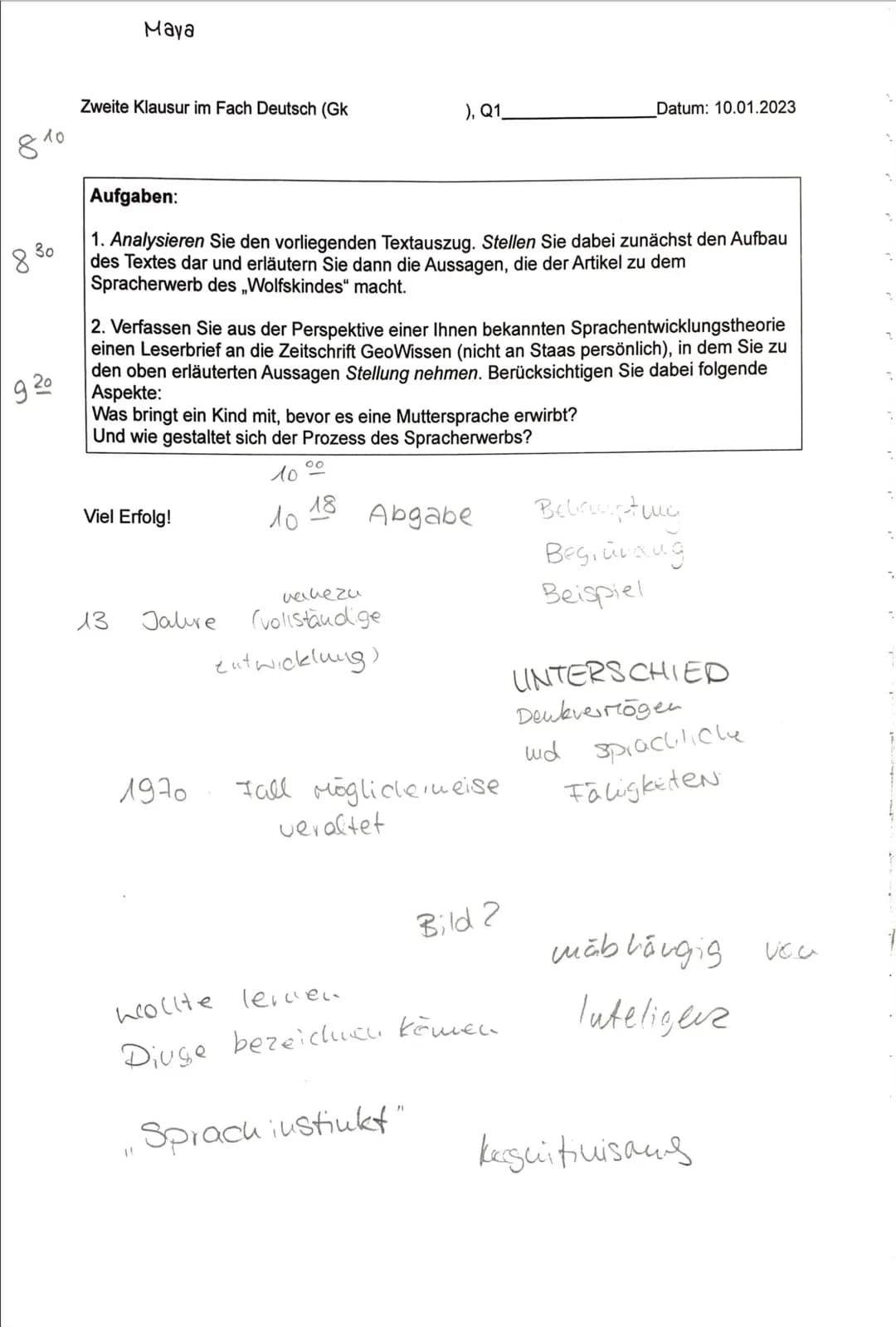 Grundkurs Deutsch_
Erwartungshorizont zur 2. Klausur im Fach Deutsch
Thema: Reflexion über Sprache, Spracherwerb und Sprachentwicklung
a) in