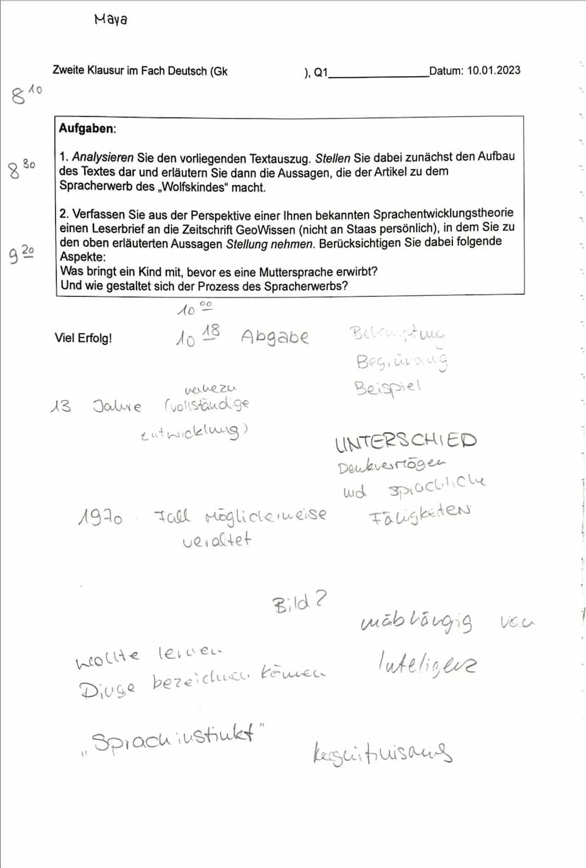 Grundkurs Deutsch_
Erwartungshorizont zur 2. Klausur im Fach Deutsch
Thema: Reflexion über Sprache, Spracherwerb und Sprachentwicklung
a) in