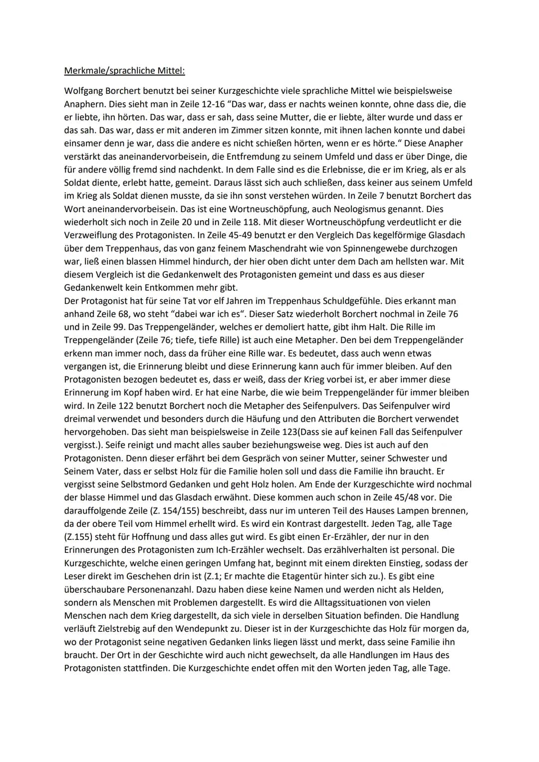 Analyse und Interpretation
Das Holz für morgen
Von Wolfgang Borchert 1946/47
Inhaltsangabe:
Die Kurzgeschichte von Wolfgang Borchert aus dem