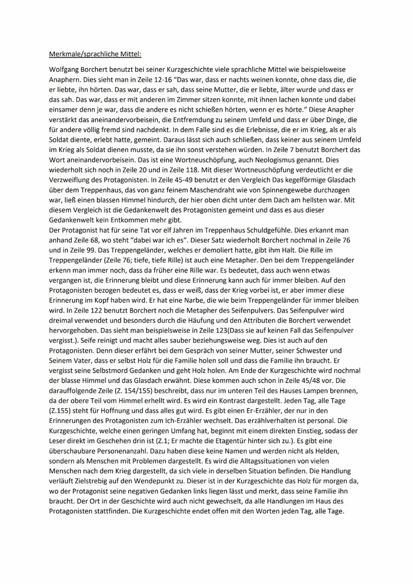 Analyse und Interpretation
Das Holz für morgen
Von Wolfgang Borchert 1946/47
Inhaltsangabe:
Die Kurzgeschichte von Wolfgang Borchert aus dem