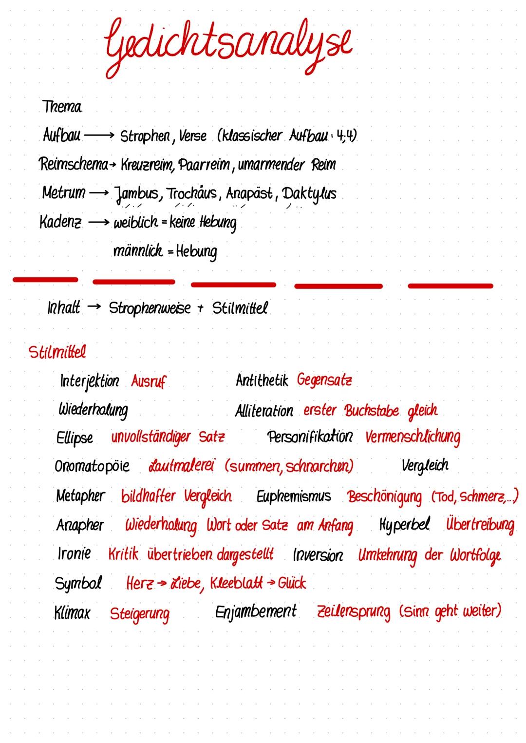 # Gedichtsanalyse

Thema

Aufbau Strophen, Verse (klassischer Aufbau: 4,4)

Reimschema Kreuzreim, Paarreim, umarmender Reim

Metrum Jambus, 