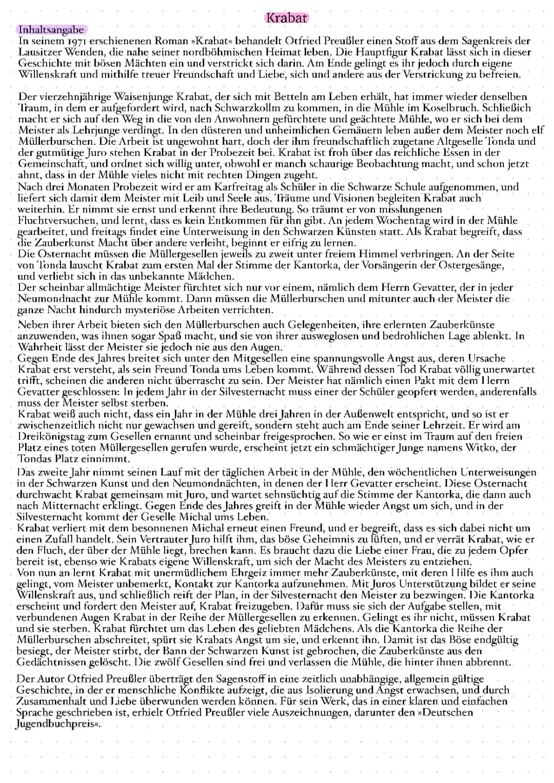 Krabat Zusammenfassung: Alle Kapitel, Klassenarbeit und PDF