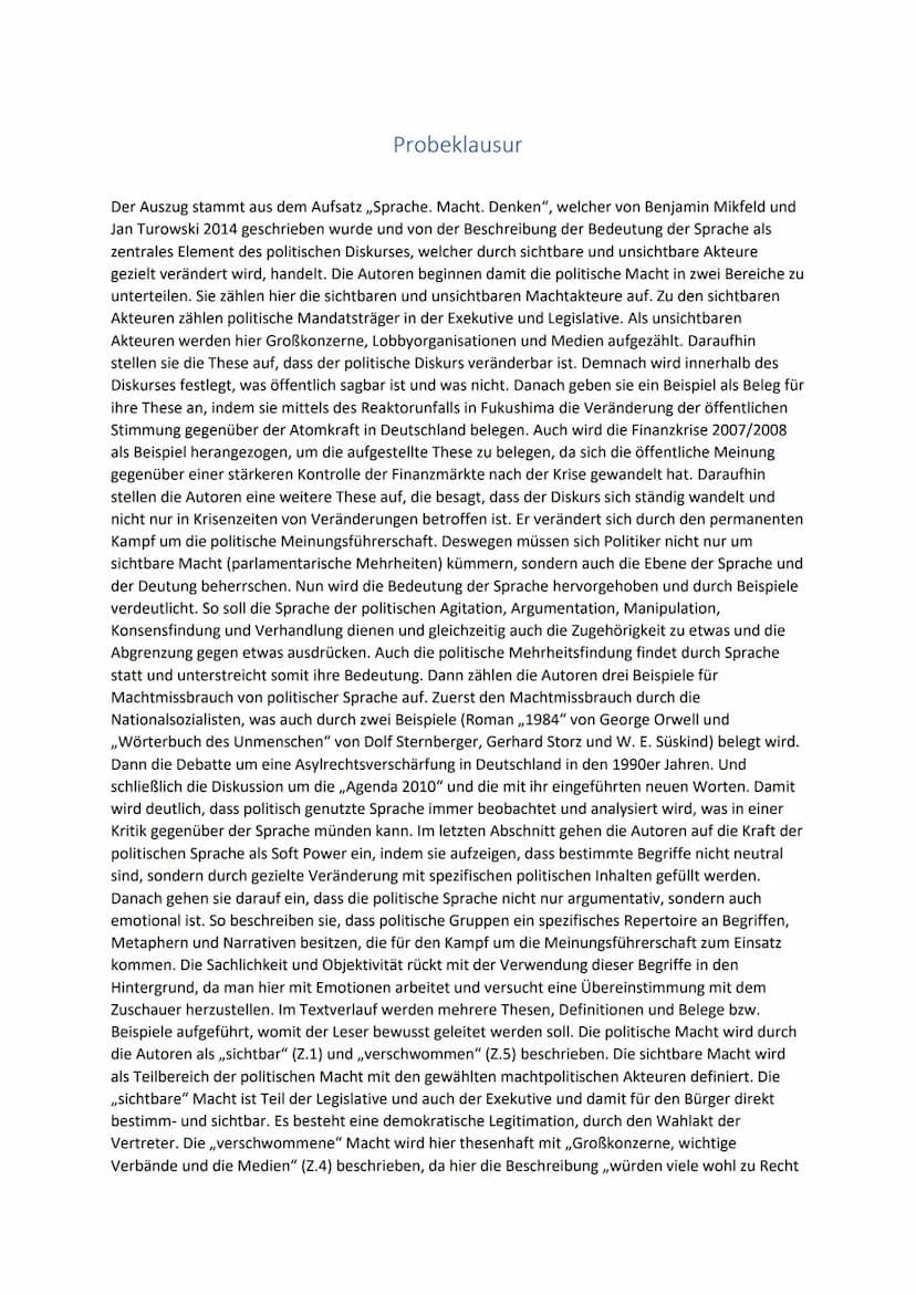 Probeklausur
Der Auszug stammt aus dem Aufsatz ,,Sprache. Macht. Denken", welcher von Benjamin Mikfeld und
Jan Turowski 2014 geschrieben wur