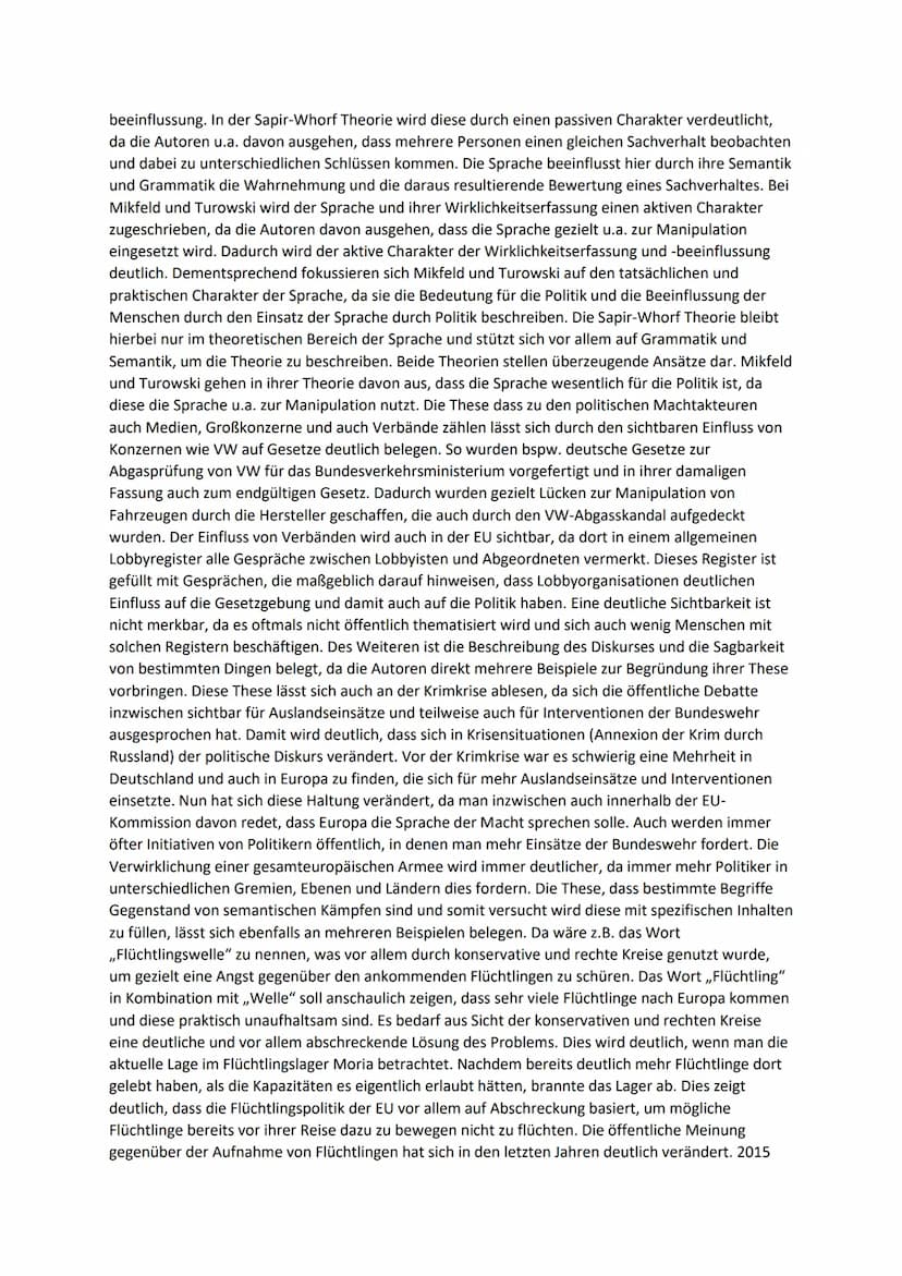 Probeklausur
Der Auszug stammt aus dem Aufsatz ,,Sprache. Macht. Denken", welcher von Benjamin Mikfeld und
Jan Turowski 2014 geschrieben wur