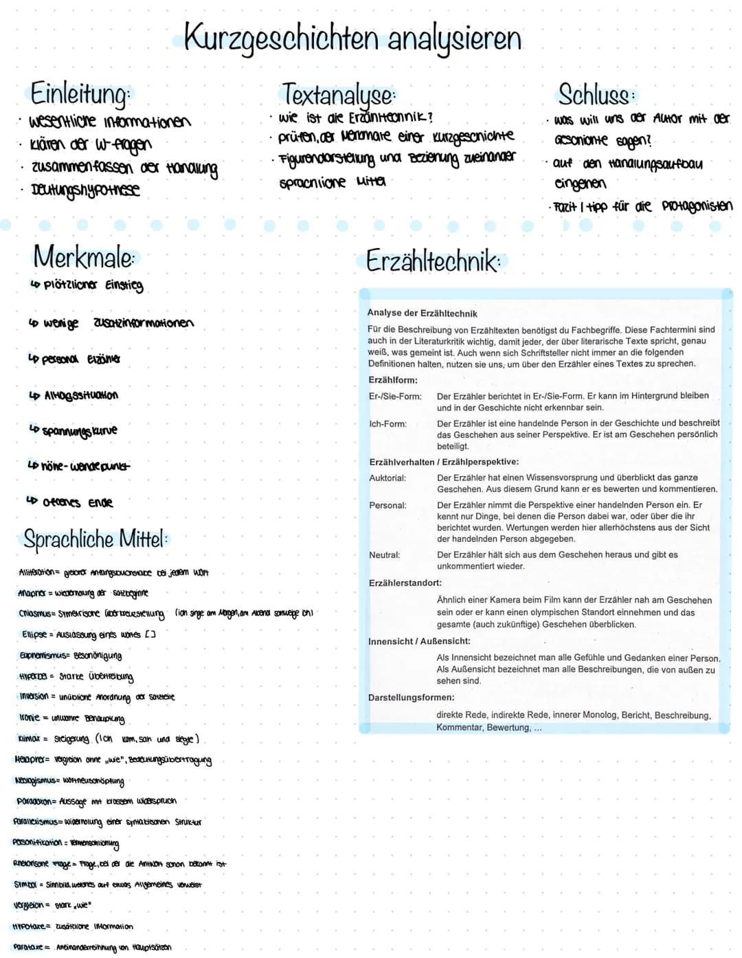 Einleitung:
wesentliche Informationen
klären der w- fragen
zusammenfassen der Handlung
Deutungshypothese
Merkmale:
4 plötzlicher Einstieg
4 