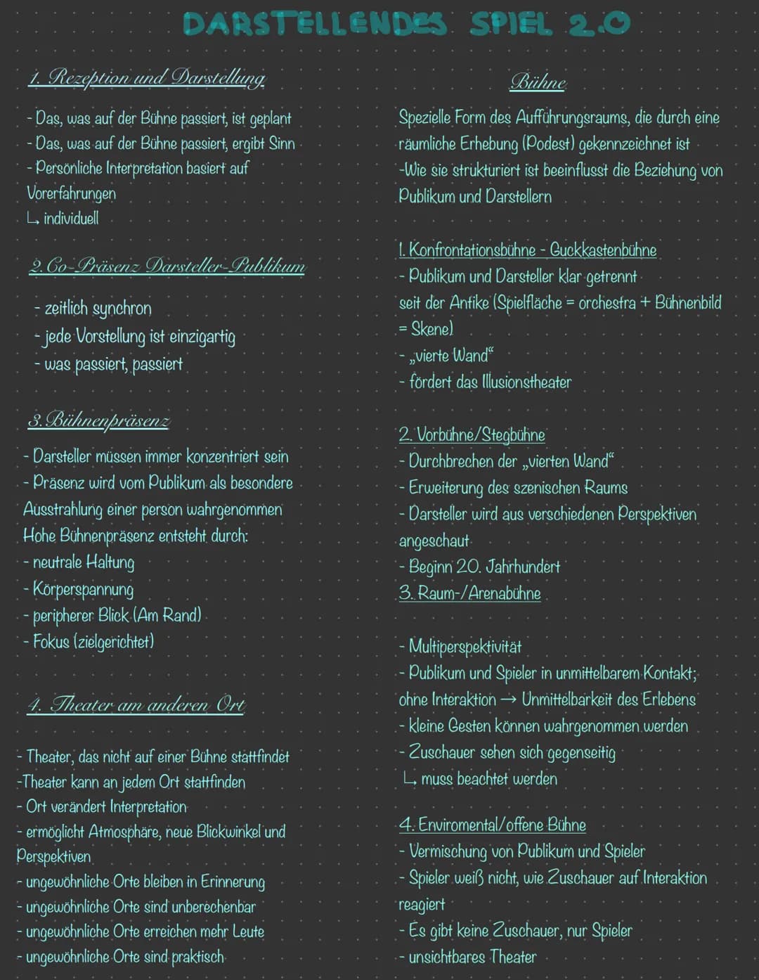 DARSTELLENDES: SPIEL 2.0
1. Rezeption und Darstellung.
- Das, was auf der Bühne passiert, ist geplant
- Das, was auf der Bühne passiert, erg