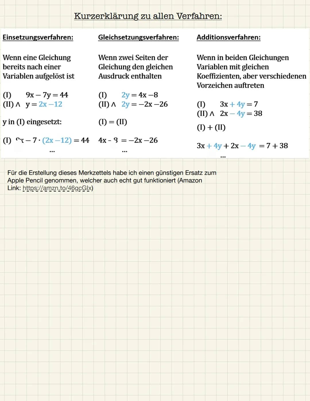 Lineare Gleichungssysteme
Beispiel:
(i) y=3x - 1
(ii) y-4--2x 1+4
Gleichsetzungsverfahren:
Schritt 1:
▬▬▬
Löse beide Gleichungen nach
dersel