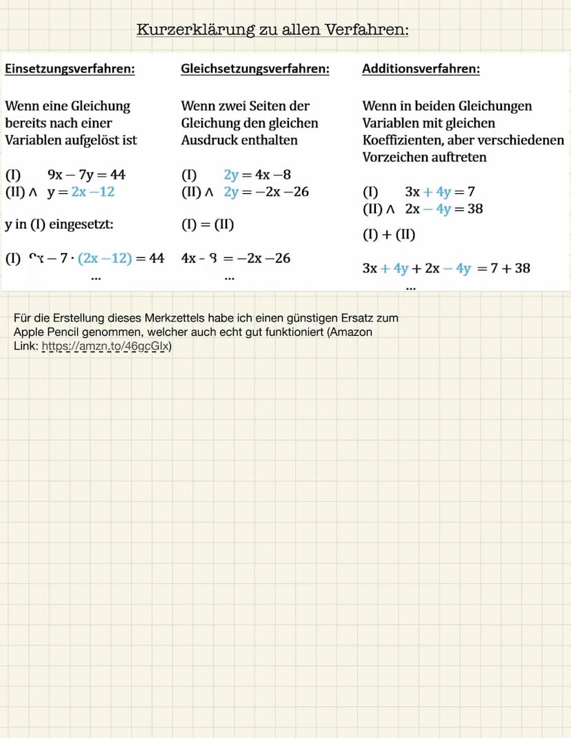 Lineare Gleichungssysteme
Beispiel:
(i) y=3x - 1
(ii) y-4--2x 1+4
Gleichsetzungsverfahren:
Schritt 1:
▬▬▬
Löse beide Gleichungen nach
dersel