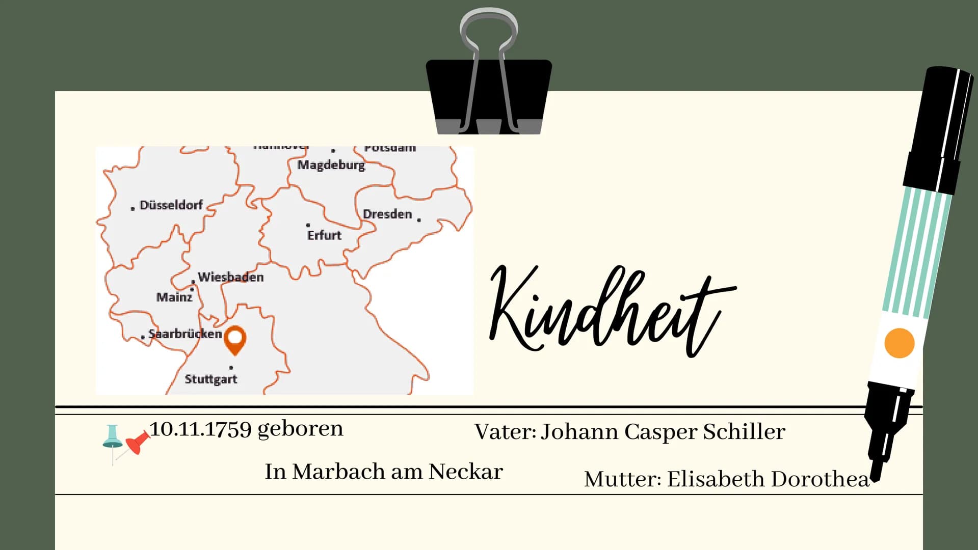 FRIEDRICH SCHILLER 1
2
3
4
Gliederung
Kindheit
Jugend & Studium
schwere Jahre
erfolgreiche Jahre
Wirkung
Werke
Sturm und Drang
(wichtige Mer