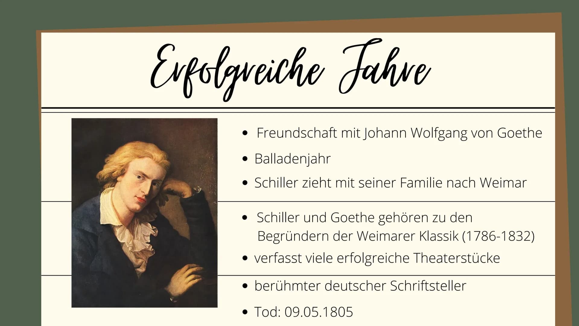 FRIEDRICH SCHILLER 1
2
3
4
Gliederung
Kindheit
Jugend & Studium
schwere Jahre
erfolgreiche Jahre
Wirkung
Werke
Sturm und Drang
(wichtige Mer