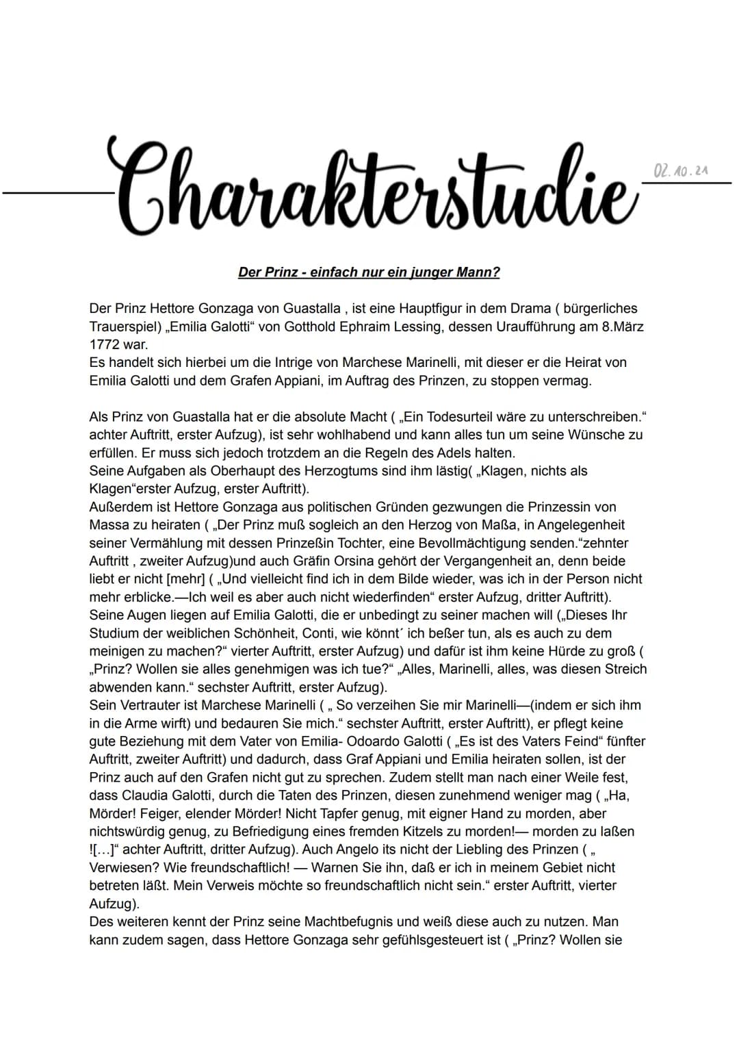 Charakterstudie
Der Prinz - einfach nur ein junger Mann?
Der Prinz Hettore Gonzaga von Guastalla, ist eine Hauptfigur in dem Drama ( bürgerl