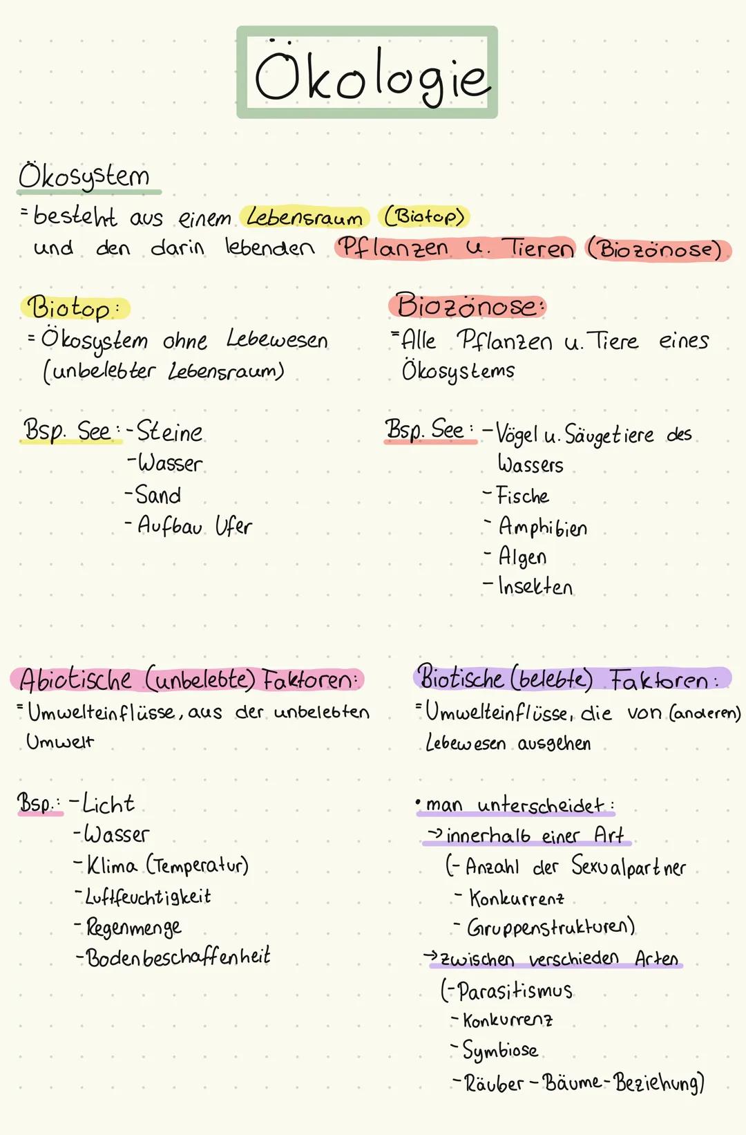 # Okologie

Ökosystem
*   besteht aus einem Lebensraum (Biotop)
und den darin lebenden Pflanzen u. Tieren (Biozonose)

Biotop:
= Ökosystem o